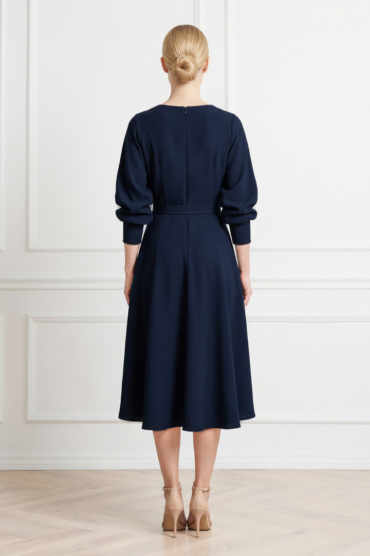 LEGAZPIA DARK BLUE WOOL CREPE KIMONO SLEEVE DRESS