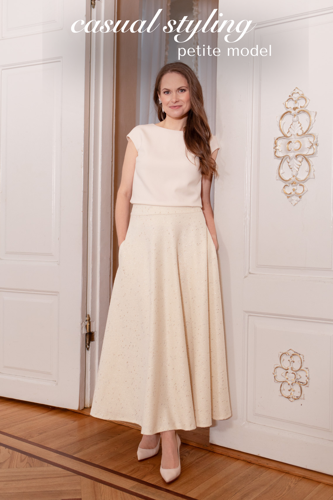 LACHENALIA CREAM WOOL BLEND A-LINE MIDI SKIRT
