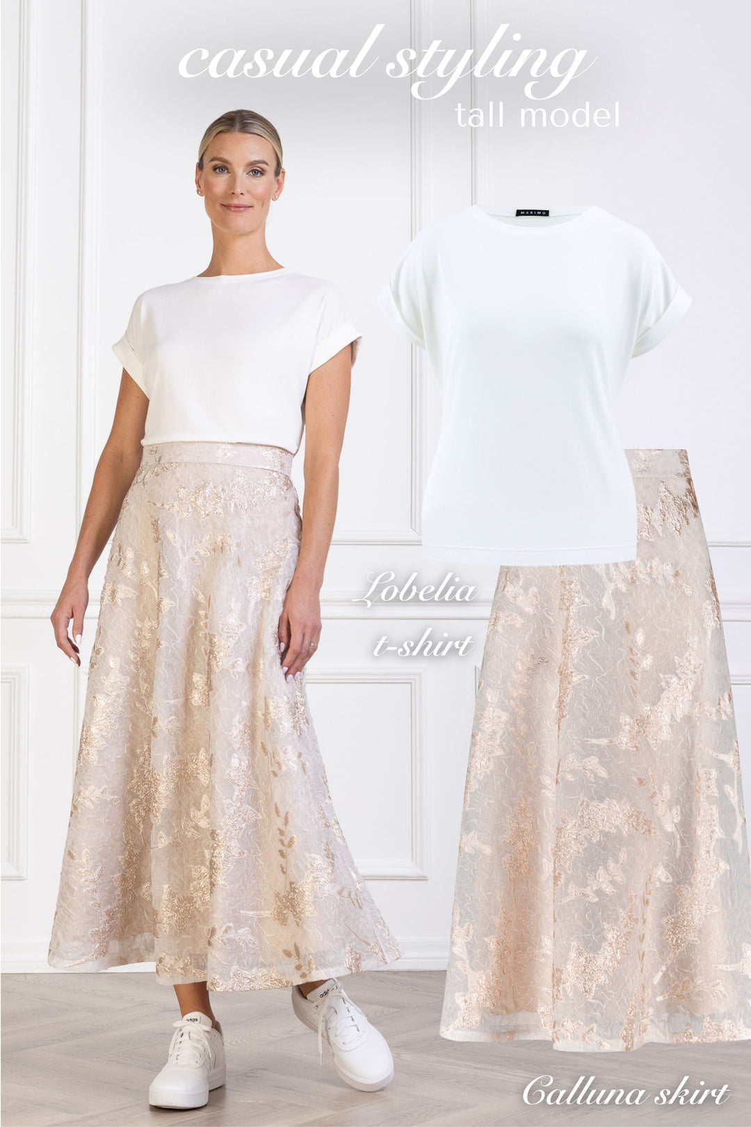 CALLUNA OFF WHITE AND ROSE GOLD JACQUARD A-LINE MIDI SKIRT