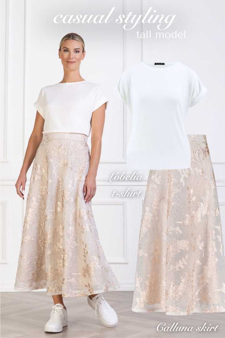 CALLUNA OFF WHITE AND ROSE GOLD JACQUARD A-LINE MIDI SKIRT