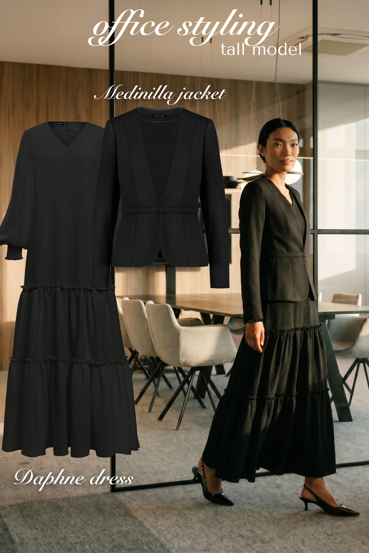 DAPHNE BLACK SILK JACQUARD MAXI DRESS WITH SLEEVES