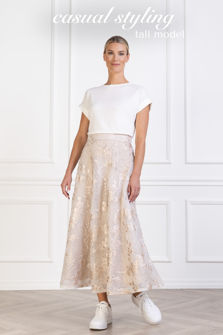 CALLUNA OFF WHITE AND ROSE GOLD JACQUARD A-LINE MIDI SKIRT