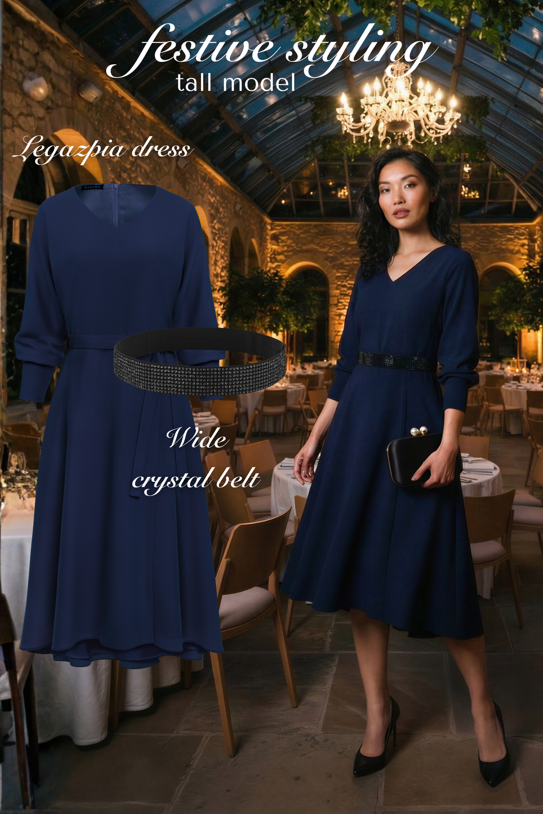 LEGAZPIA DARK BLUE WOOL CREPE KIMONO SLEEVE DRESS