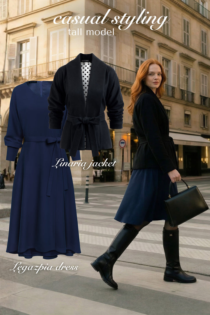 LEGAZPIA DARK BLUE WOOL CREPE KIMONO SLEEVE DRESS