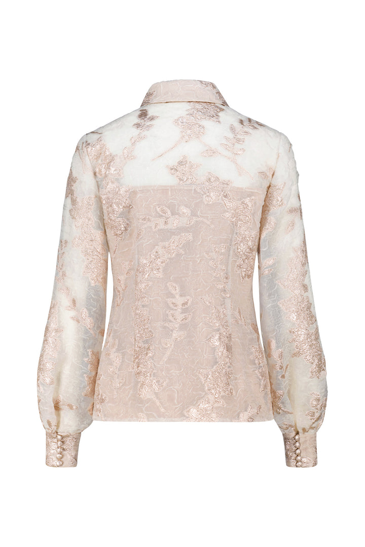 CALLIANDRA OFF WHITE AND ROSE GOLD JACQUARD PUFF-SLEEVE SHIRT
