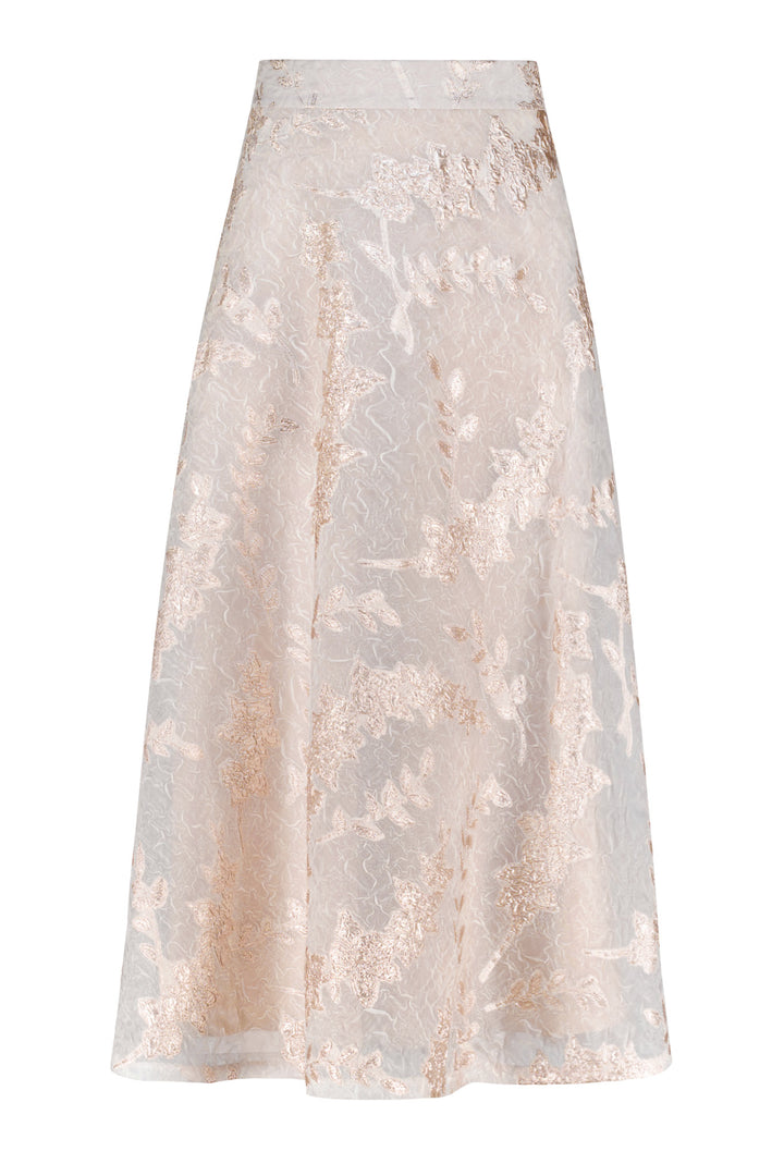 CALLUNA OFF WHITE AND ROSE GOLD JACQUARD A-LINE MIDI SKIRT