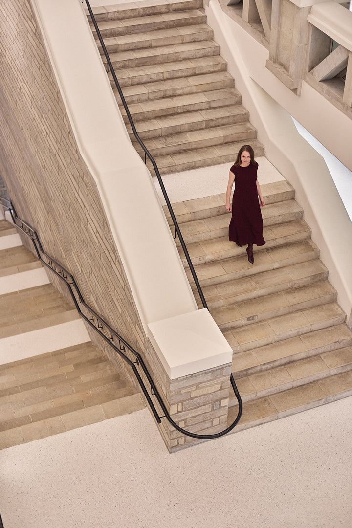 SALVINIA BURGUNDY WOOL CREPE MIDI DRESS WITH BELT