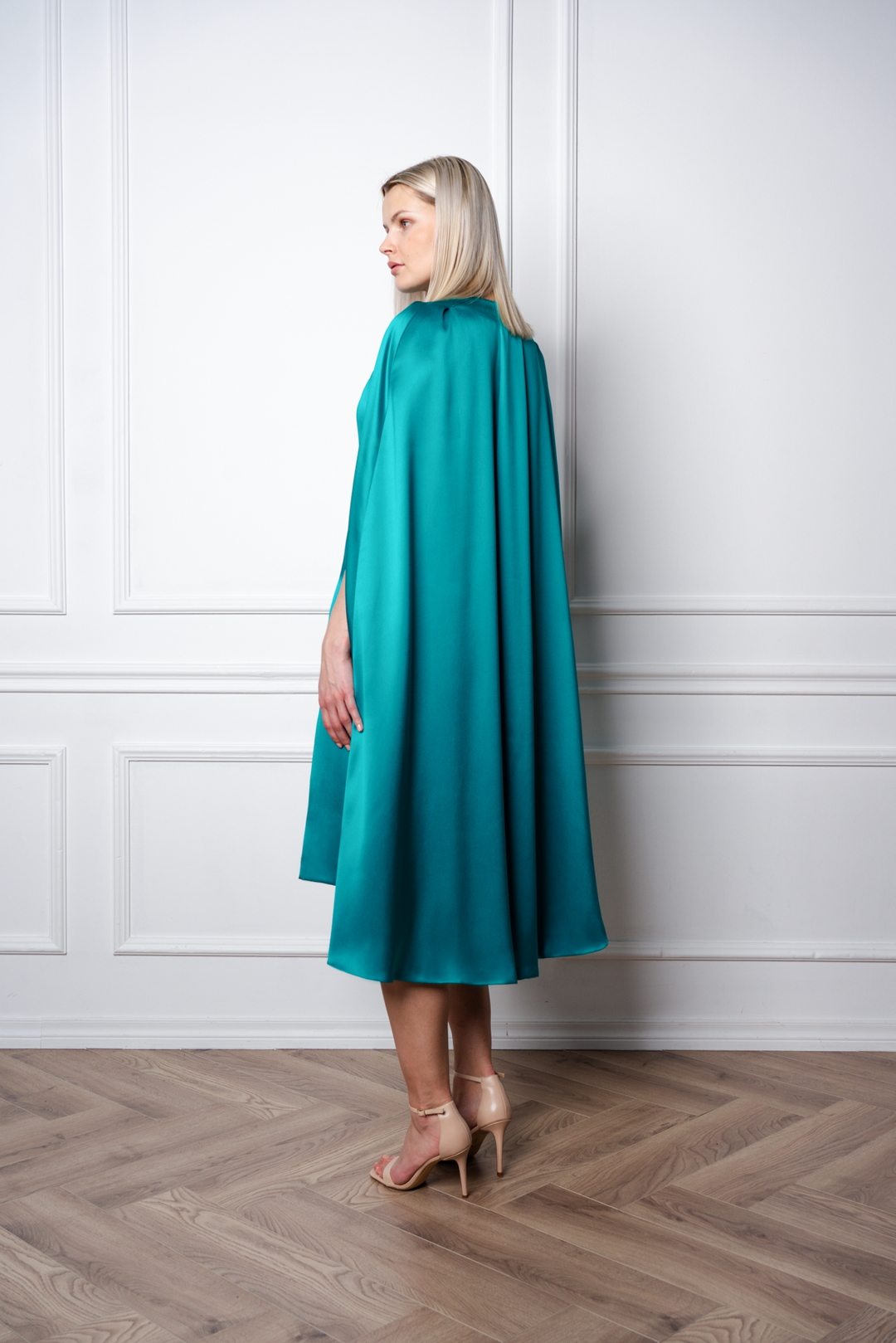 ALLAMANDA TEAL SILK SATIN CAPE DRESS WITH CRYSTAL BELT