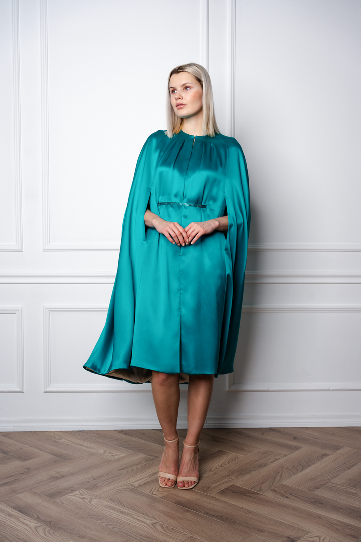 ALLAMANDA TEAL SILK SATIN CAPE DRESS WITH CRYSTAL BELT