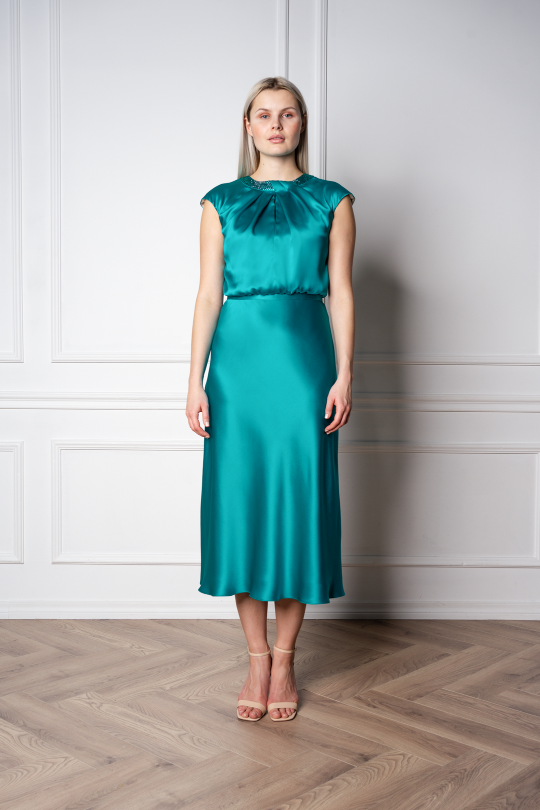 CLUSIA TEAL SILK SATIN MIDI DRESS WITH CRYSTAL EMBELLISHED NECKLINE