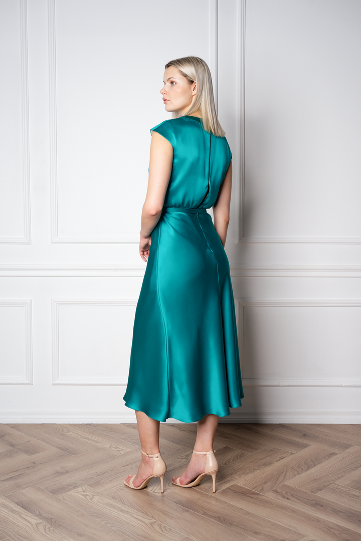 CLUSIA TEAL SILK SATIN MIDI DRESS WITH CRYSTAL EMBELLISHED NECKLINE