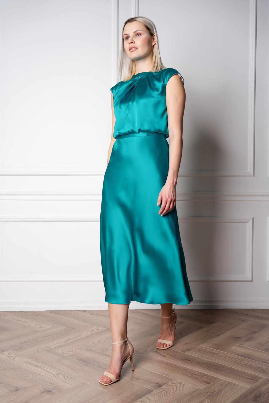 CLUSIA TEAL SILK SATIN MIDI DRESS WITH CRYSTAL EMBELLISHED NECKLINE