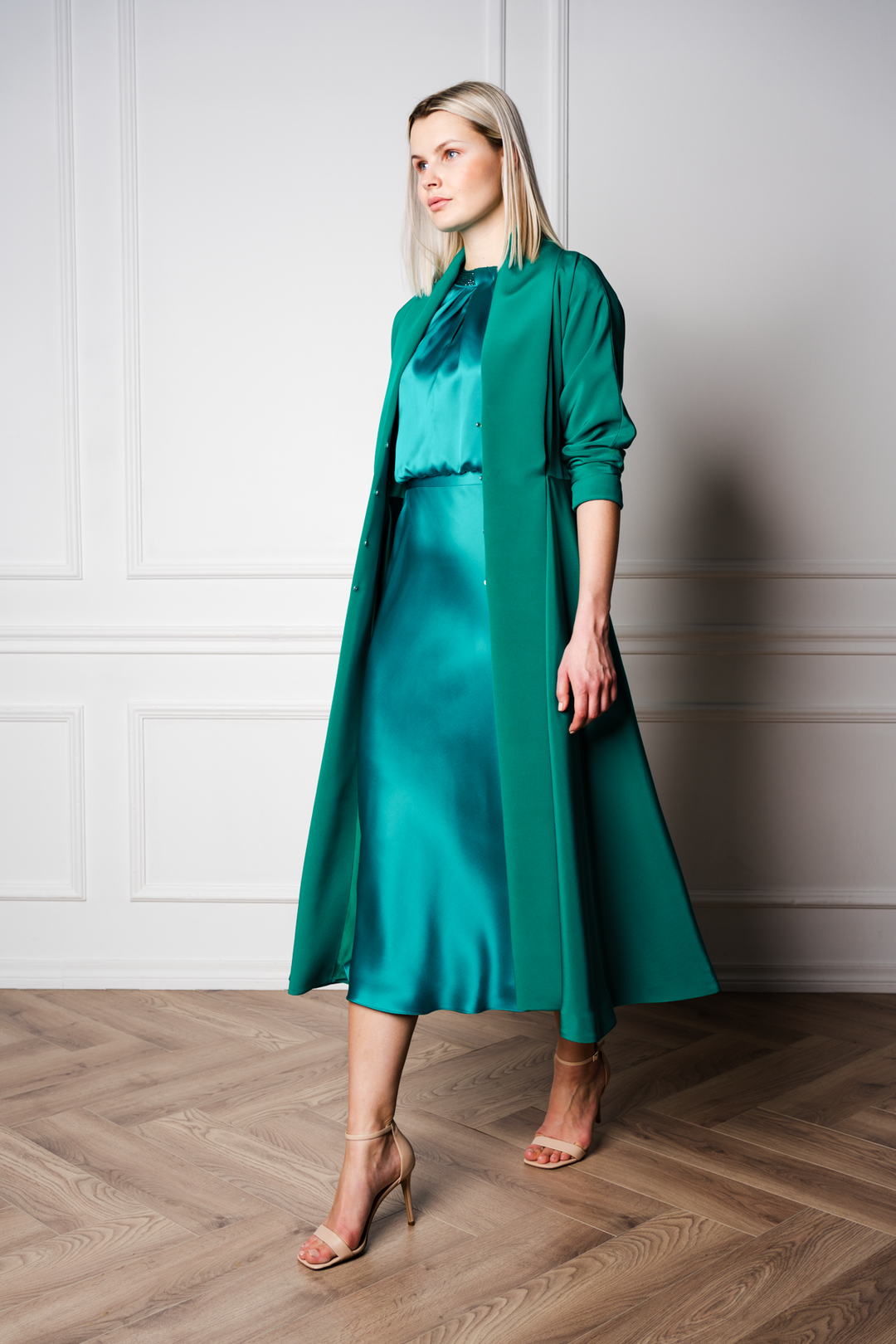 CLUSIA TEAL SILK SATIN MIDI DRESS WITH CRYSTAL EMBELLISHED NECKLINE