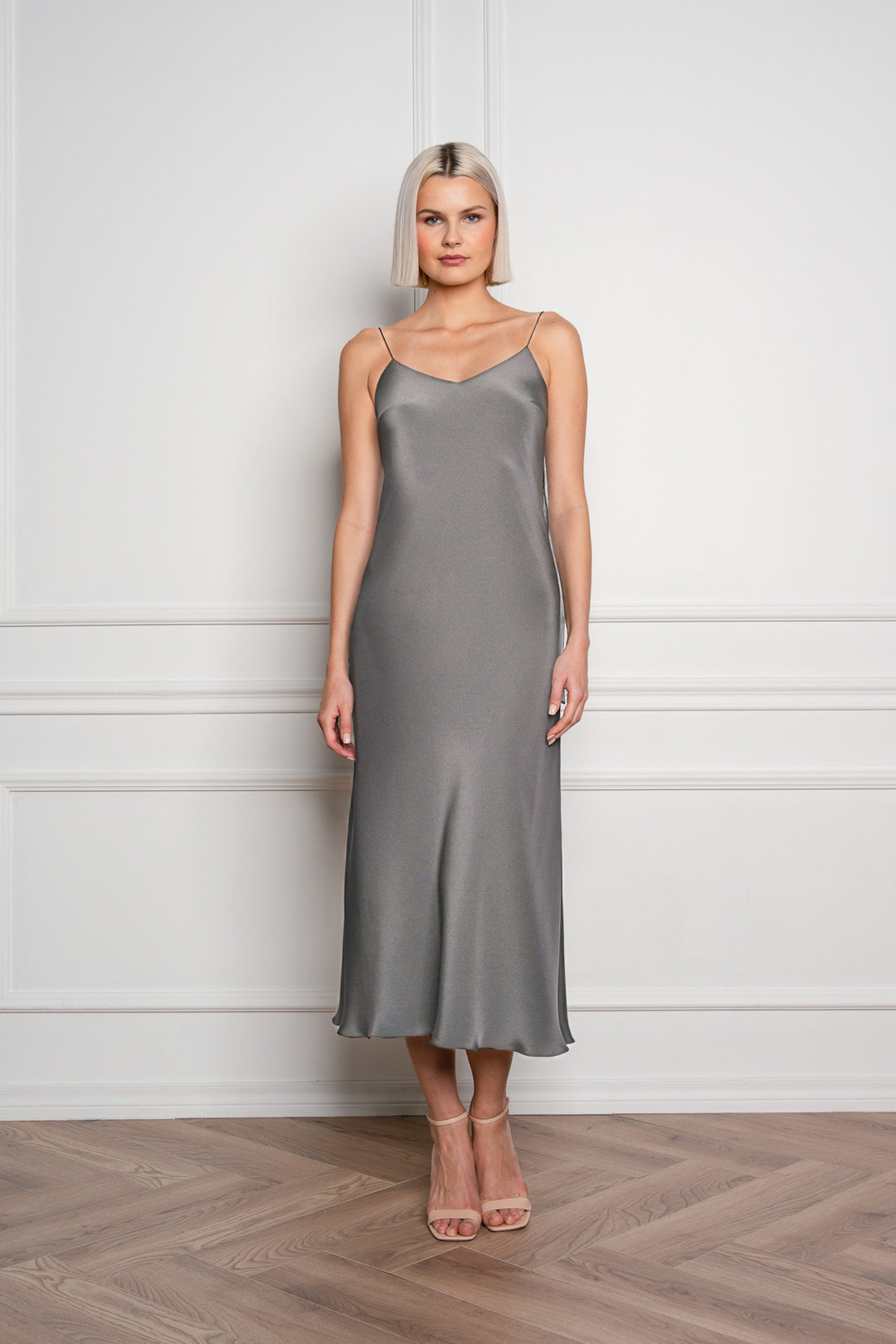 ARIA GRAY SILK SLIP DRESS WITH BOW DETAILS