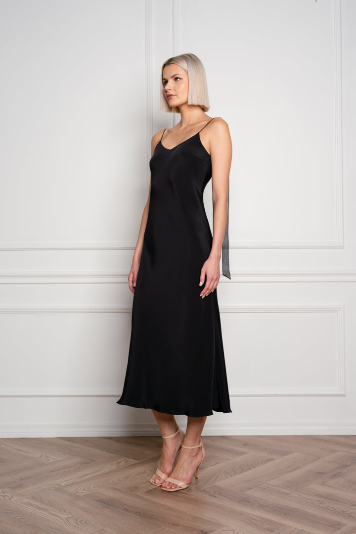 ARIA BLACK SILK SLIP DRESS WITH BOW DETAILS