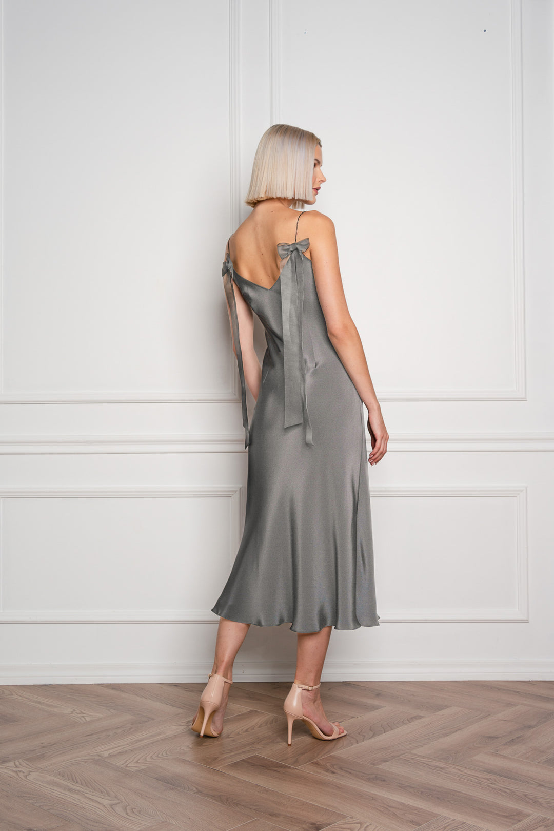 ARIA GRAY SILK SLIP DRESS WITH BOW DETAILS