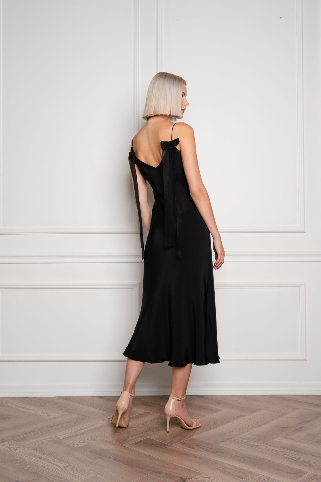 ARIA BLACK SILK SLIP DRESS WITH BOW DETAILS