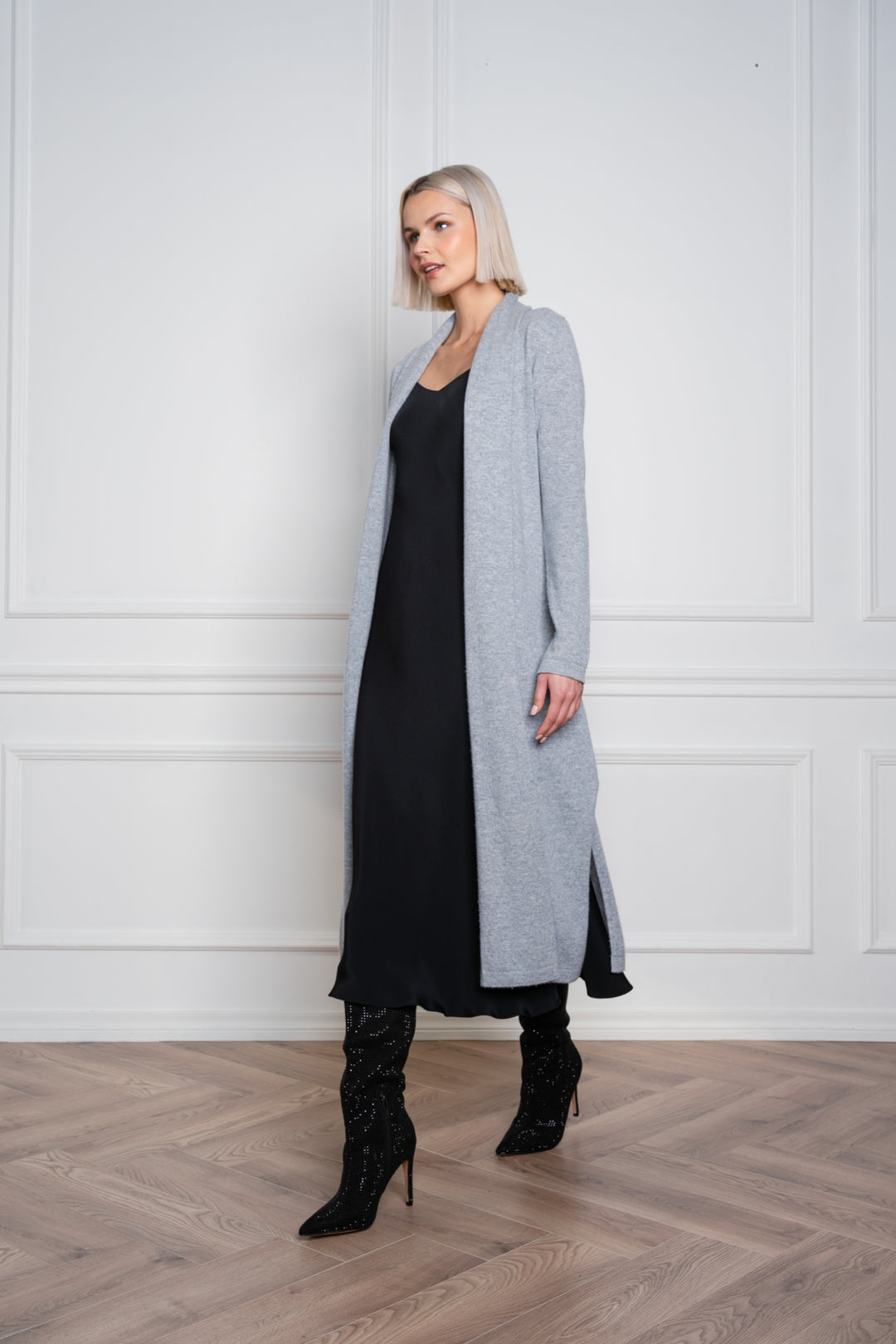 ELEOCHARIS LONG BLUEISH-GRAY CASHMERE CARDIGAN WITH BELT