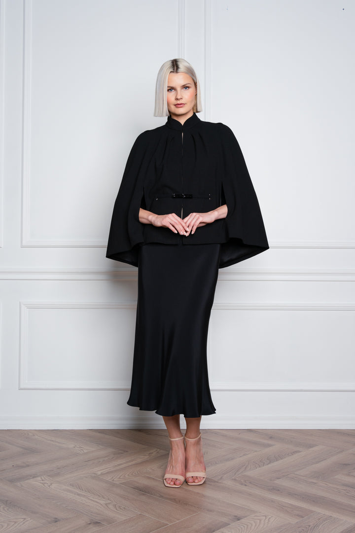 GALATELLA BLACK WOOL CREPE CAPE WITH CRYSTAL BELT