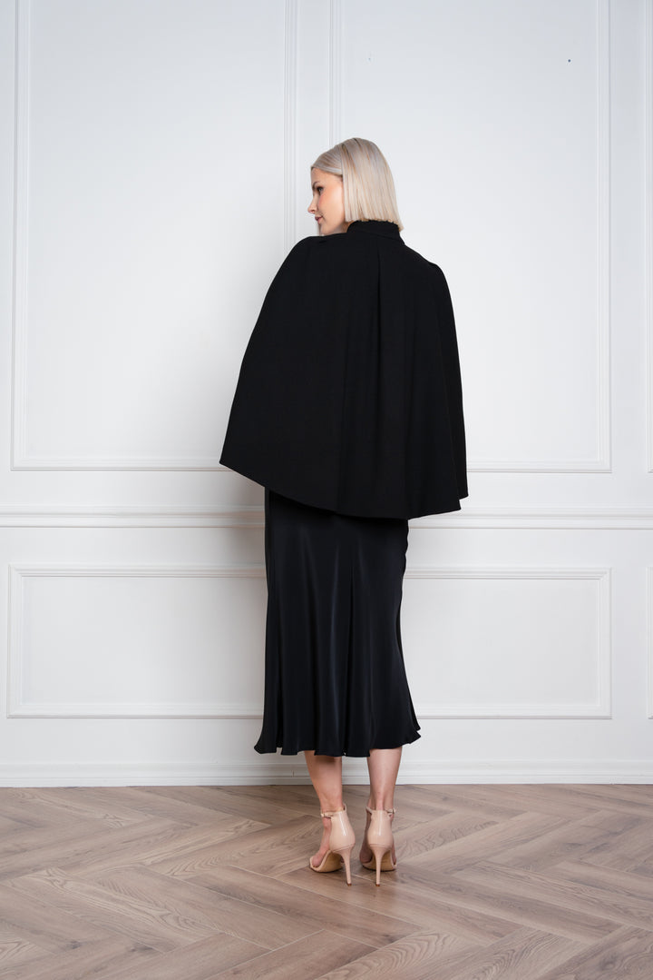 GALATELLA BLACK WOOL CREPE CAPE WITH CRYSTAL BELT