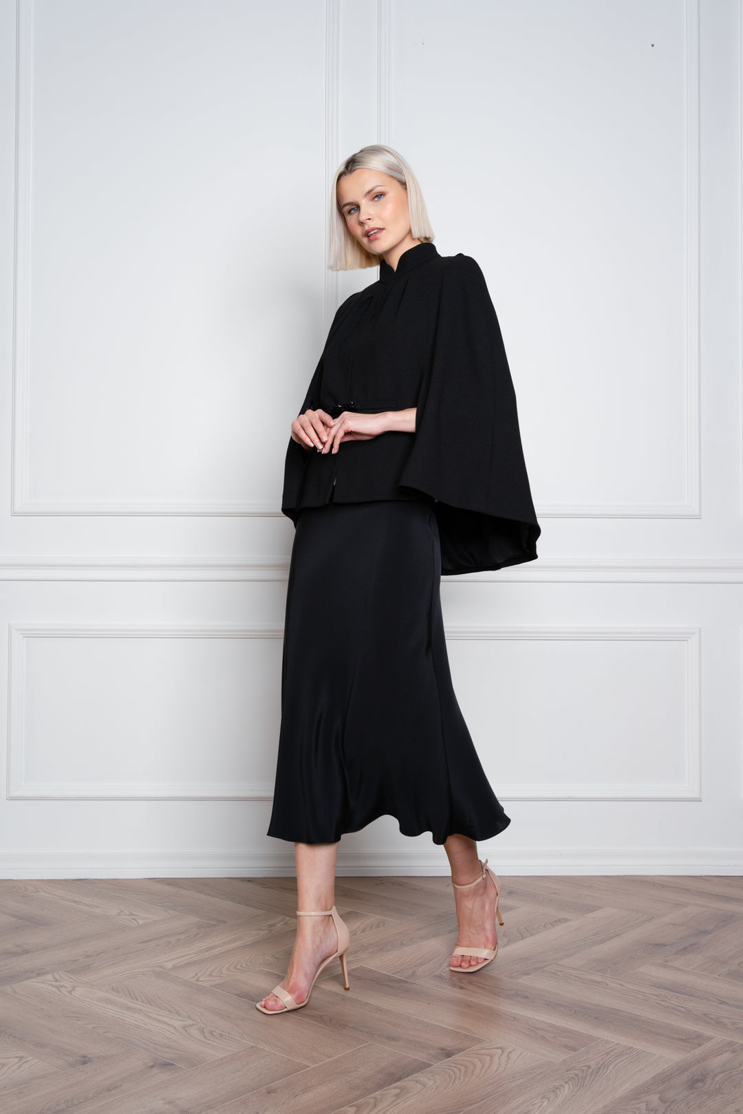 GALATELLA BLACK WOOL CREPE CAPE WITH CRYSTAL BELT