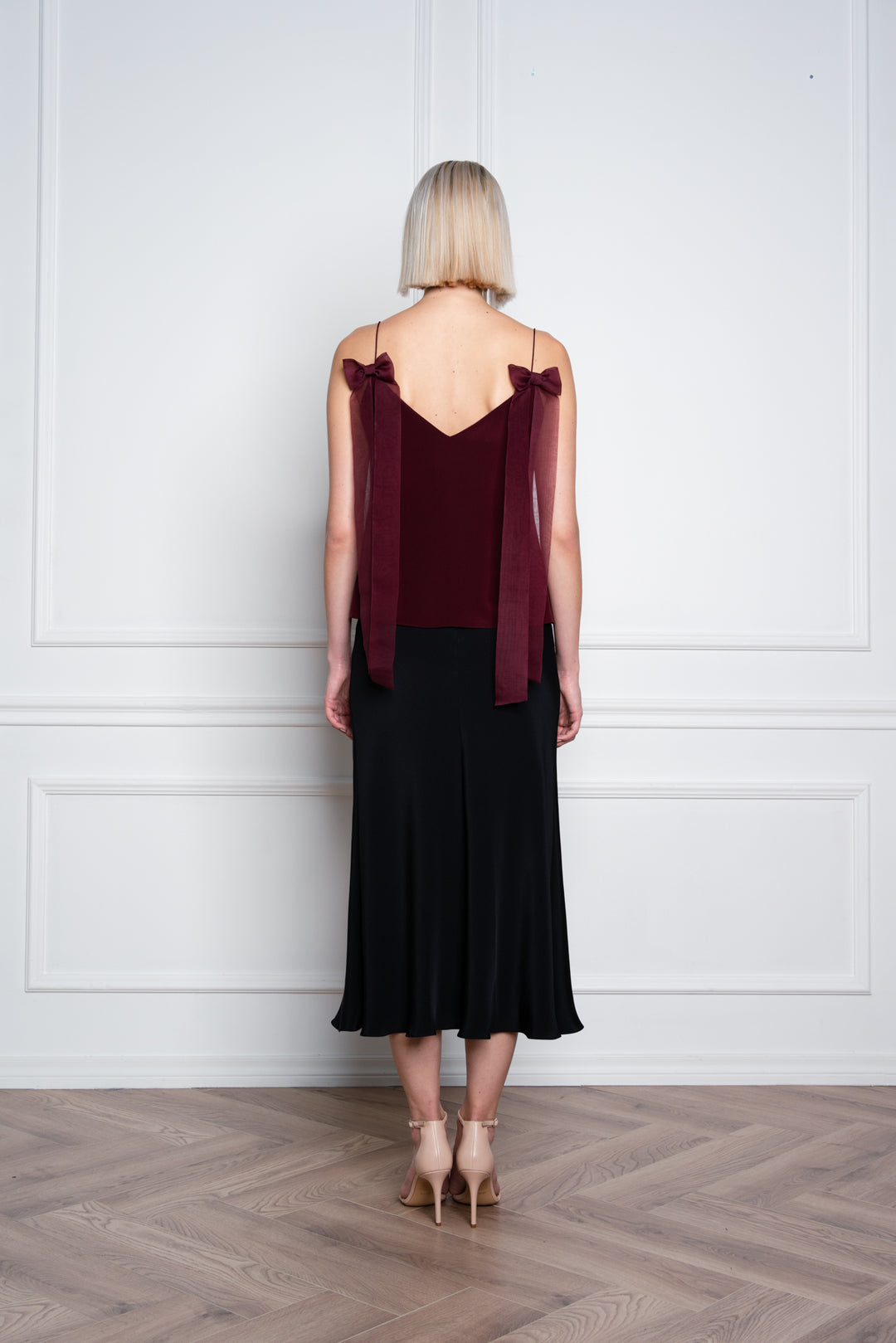 ARIA DEEP RED SPAGHETTI STRAP SILK TOP WITH BOW DETAILS