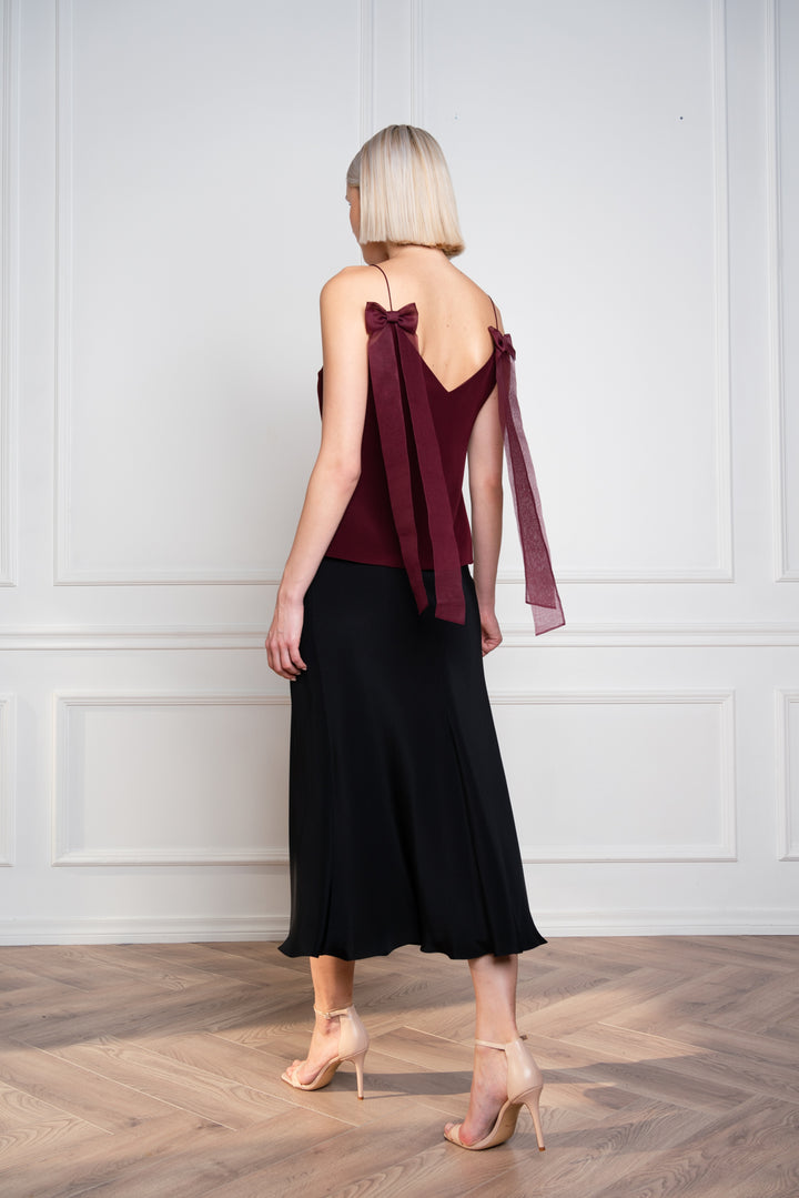 ARIA DEEP RED SPAGHETTI STRAP SILK TOP WITH BOW DETAILS