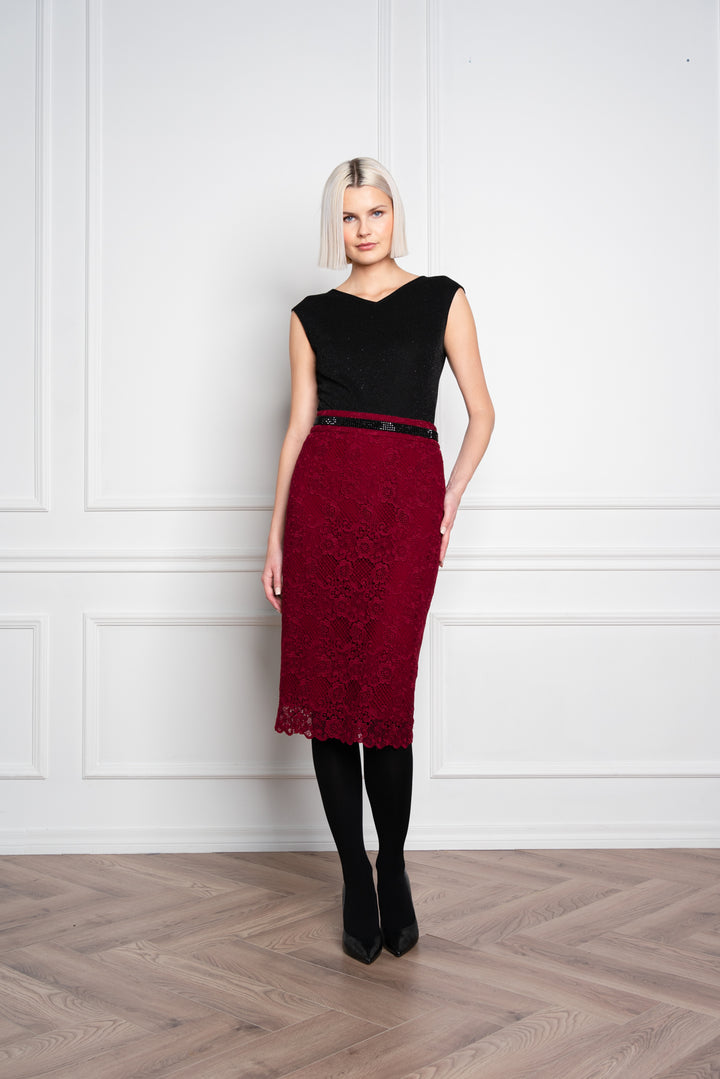 RUBIA DEEP RED LACE PENCIL SKIRT