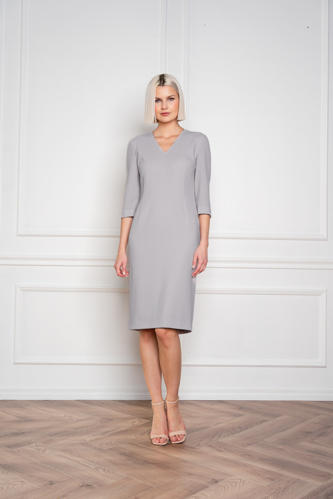 LICARIA DEEP V-NECK GRAY WOOL CREPE PENCIL DRESS