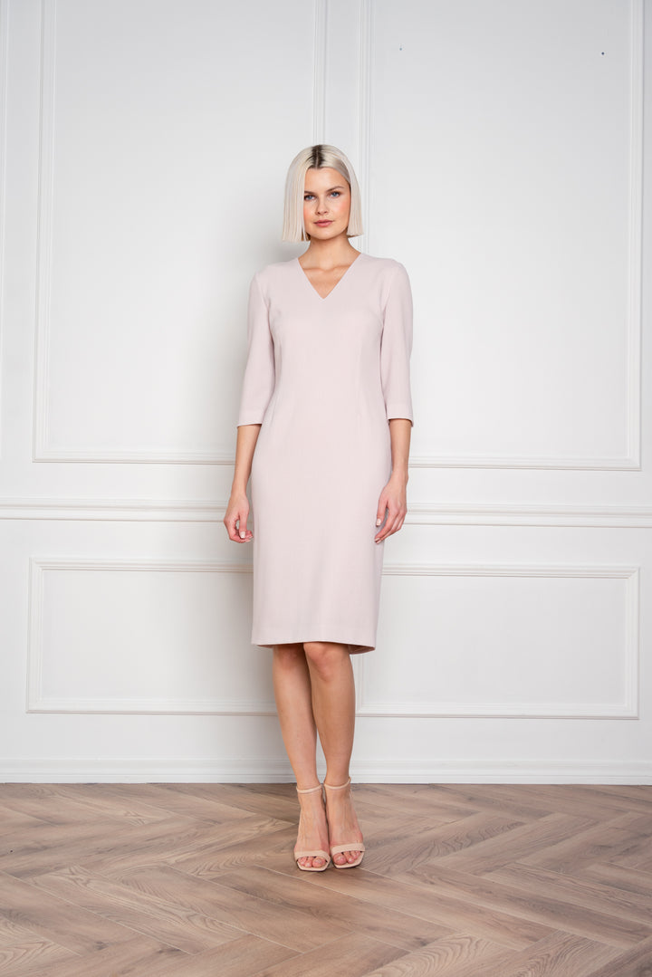 LICARIA DEEP V-NECK PALE PINK WOOL CREPE PENCIL DRESS