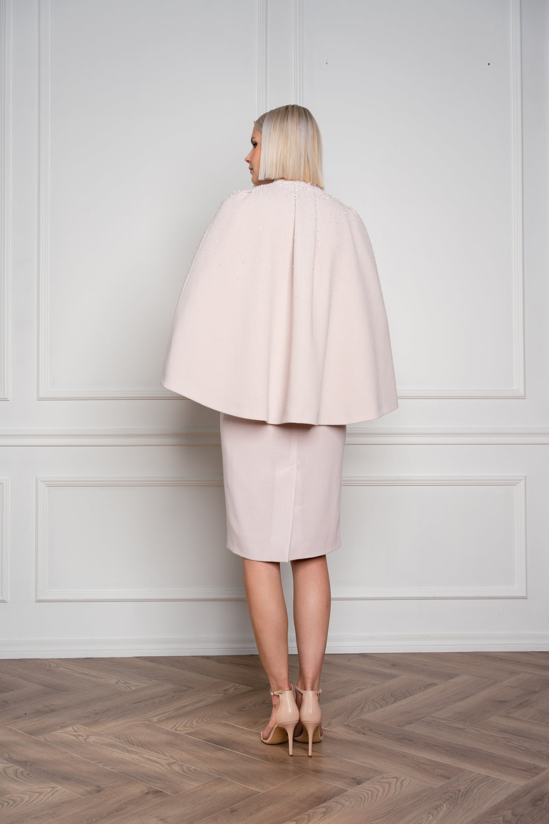 GALATELLA PALE PINK WOOL CREPE CAPE WITH CRYSTAL EMBROIDERY AND BELT