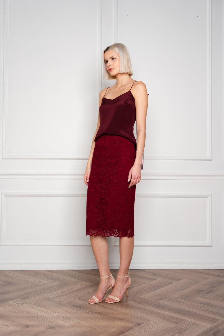 RUBIA DEEP RED LACE PENCIL SKIRT