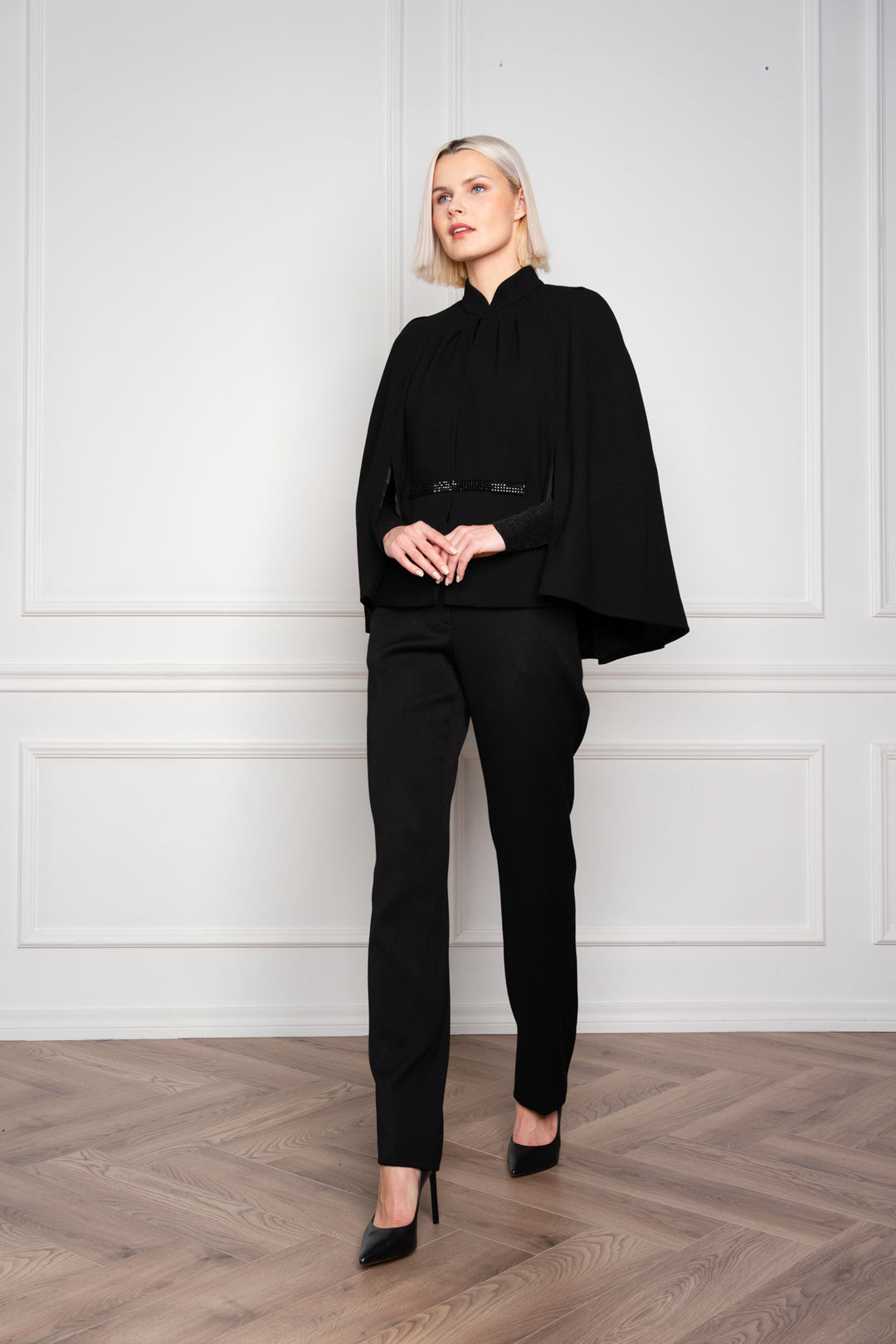 GALATELLA BLACK WOOL CREPE CAPE WITH CRYSTAL BELT