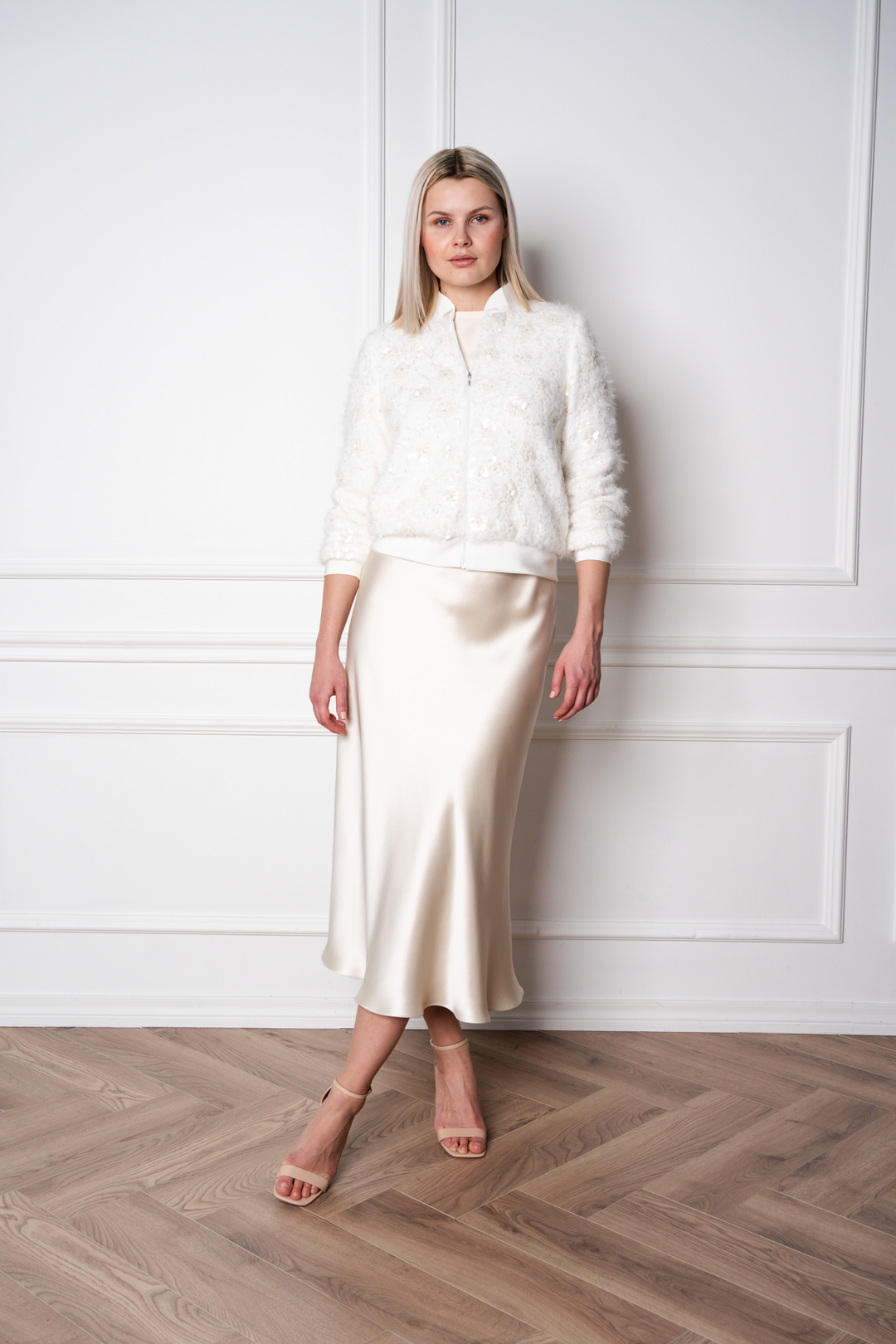 GRACILARIA IVORY TWEED EMBELLISHED BOMBER JACKET