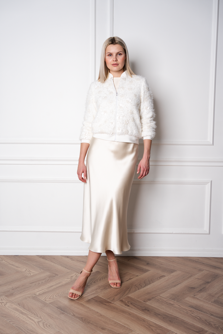 GRACILARIA IVORY TWEED EMBELLISHED BOMBER JACKET