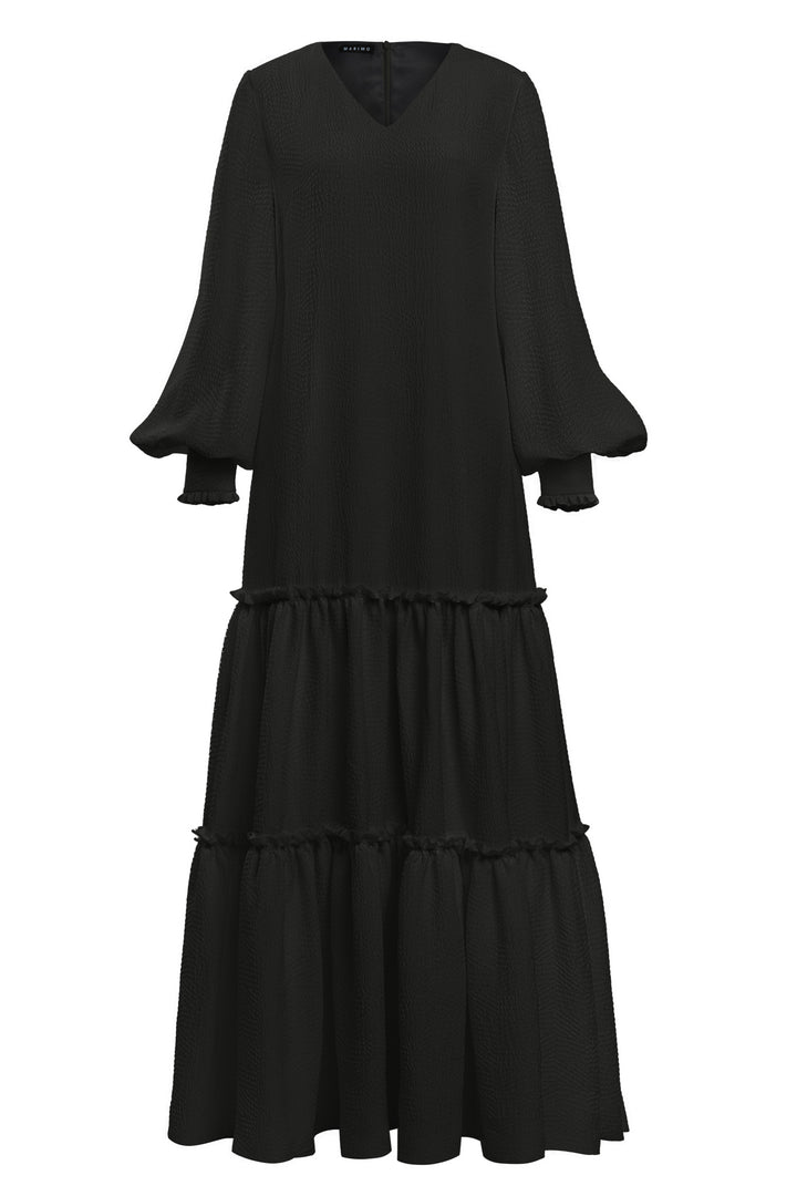 DAPHNE BLACK SILK JACQUARD MAXI DRESS WITH SLEEVES