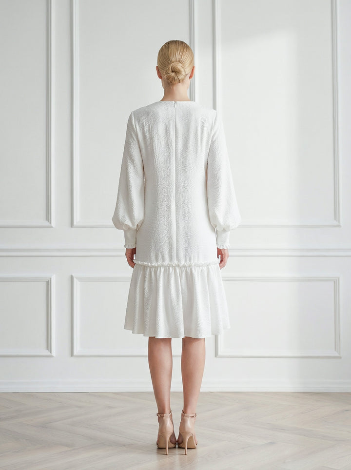 DAPHNE WHITE SILK JACQUARD DRESS WITH SLEEVES
