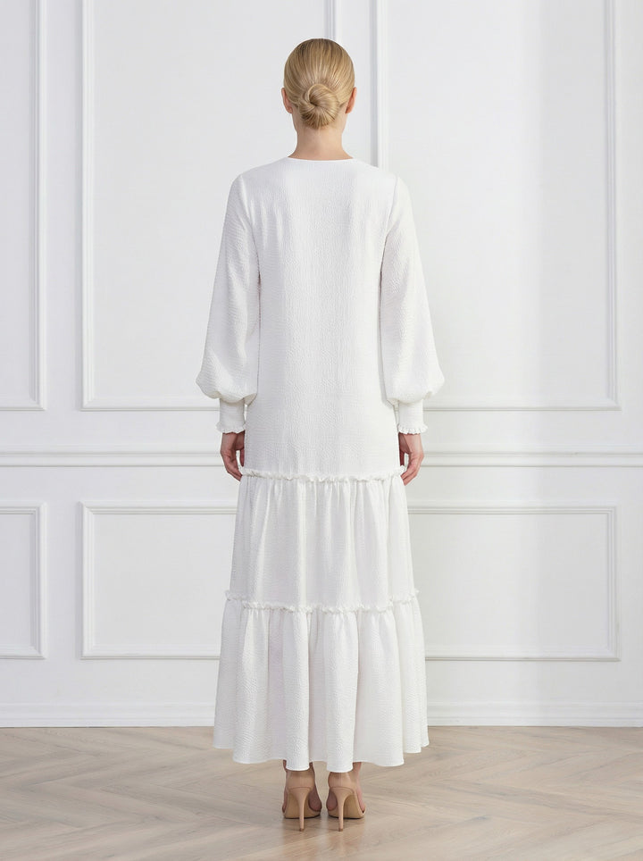 DAPHNE WHITE SILK JACQUARD MAXI DRESS WITH SLEEVES