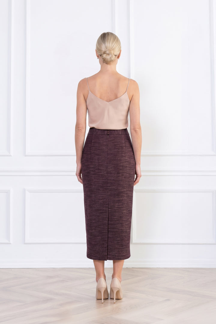 LAGETTA DUSTY PLUM PURPLE WOOL-BAMBOO MIDI PENCIL SKIRT