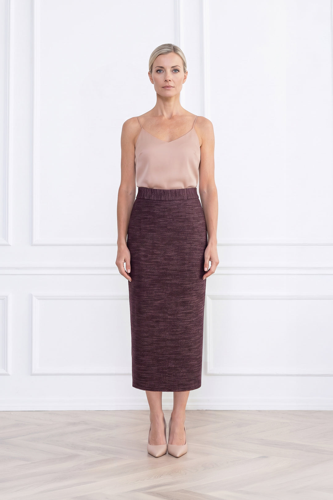 LAGETTA DUSTY PLUM PURPLE WOOL-BAMBOO MIDI PENCIL SKIRT