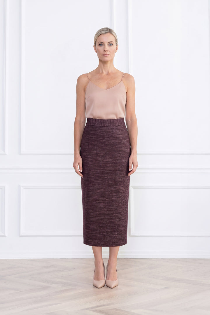 LAGETTA DUSTY PLUM PURPLE WOOL-BAMBOO MIDI PENCIL SKIRT