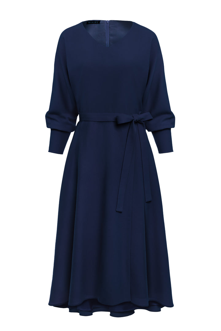 LEGAZPIA DARK BLUE WOOL CREPE KIMONO SLEEVE DRESS