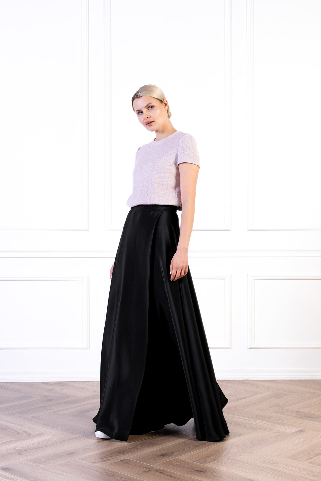 LATANIA BLACK SILK A-LINE MAXI SKIRT