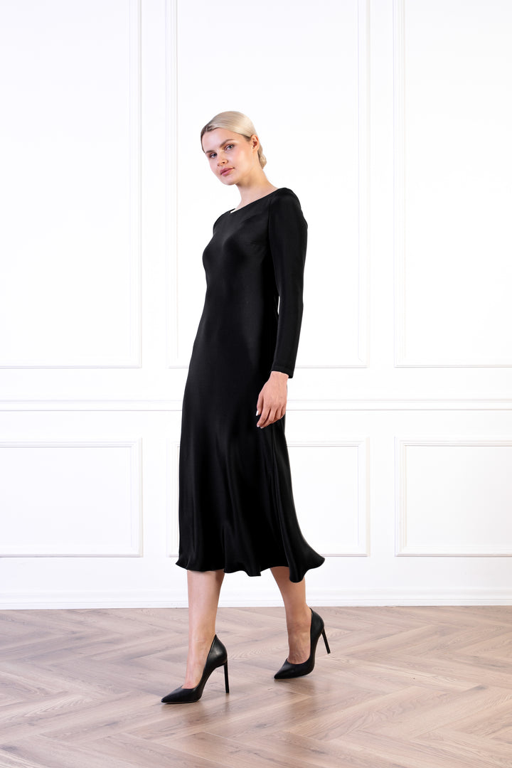 ARMERIA BLACK SILK LONG-SLEEVED SLIP DRESS