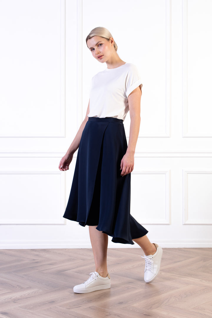 LATANIA NAVY BLUE SILK A-LINE HIGH-LOW HEM SKIRT