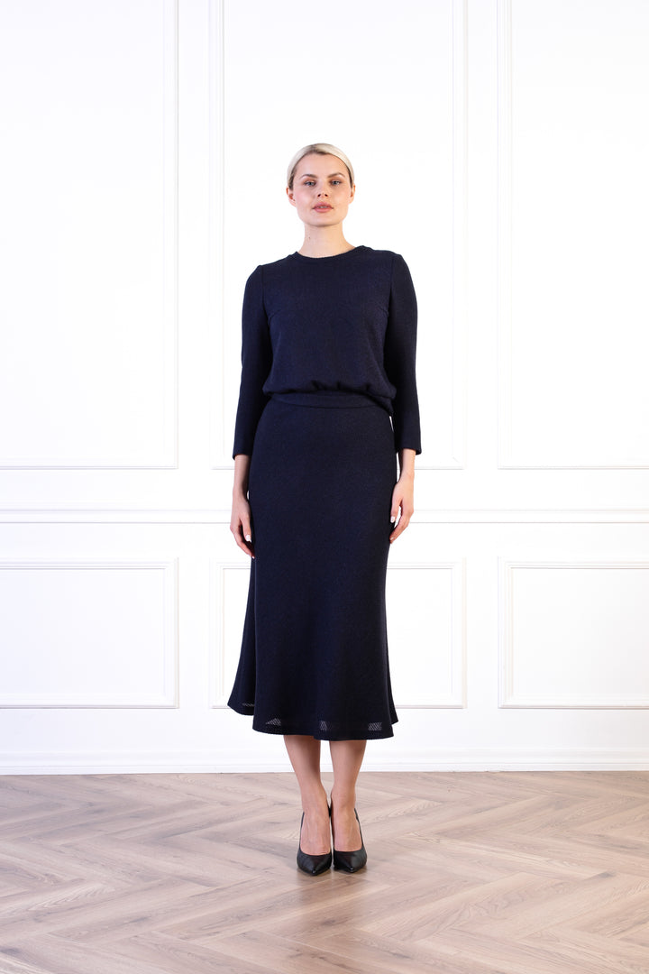 JASMINUM NAVY BLUE TEXTURED ALPACA-WOOL MIDI SKIRT