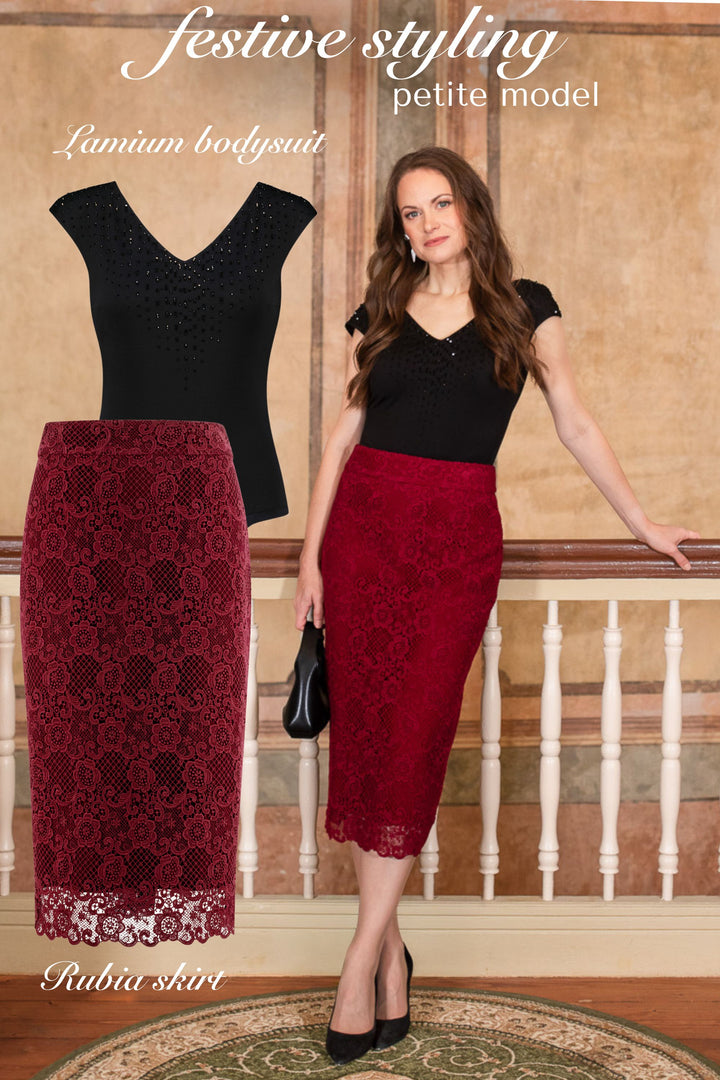 RUBIA DEEP RED LACE PENCIL SKIRT