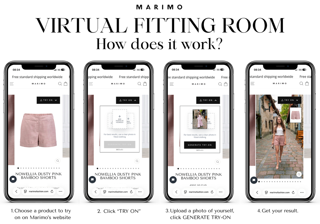 Promotional graphic for Marimo's virtual fitting room feature step by step how it works, on a white background.