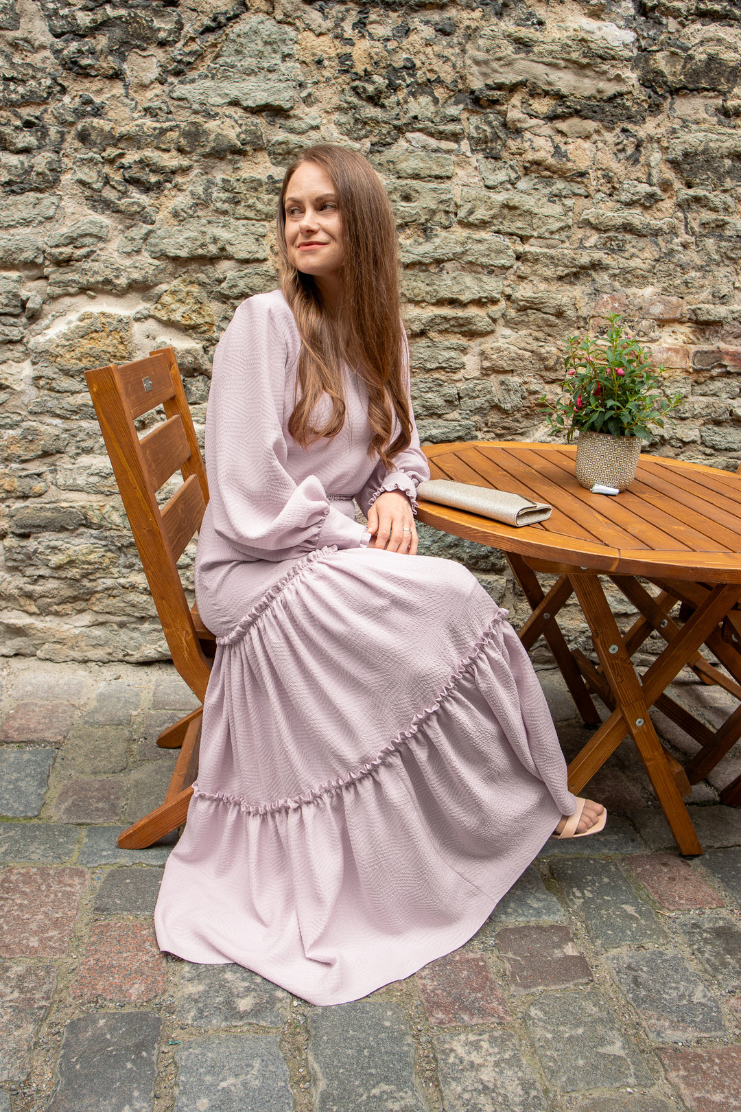 DAPHNE LAVENDER SILK JACQUARD MAXI DRESS WITH SLEEVES