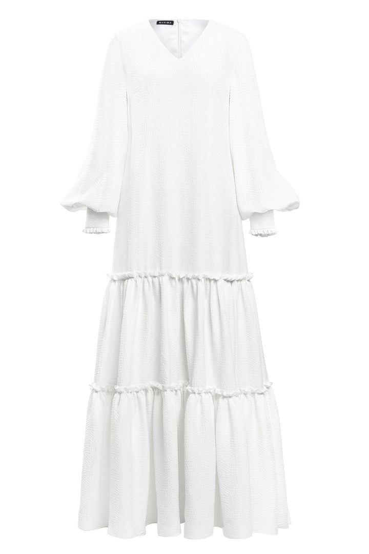 DAPHNE WHITE SILK JACQUARD MAXI DRESS WITH SLEEVES